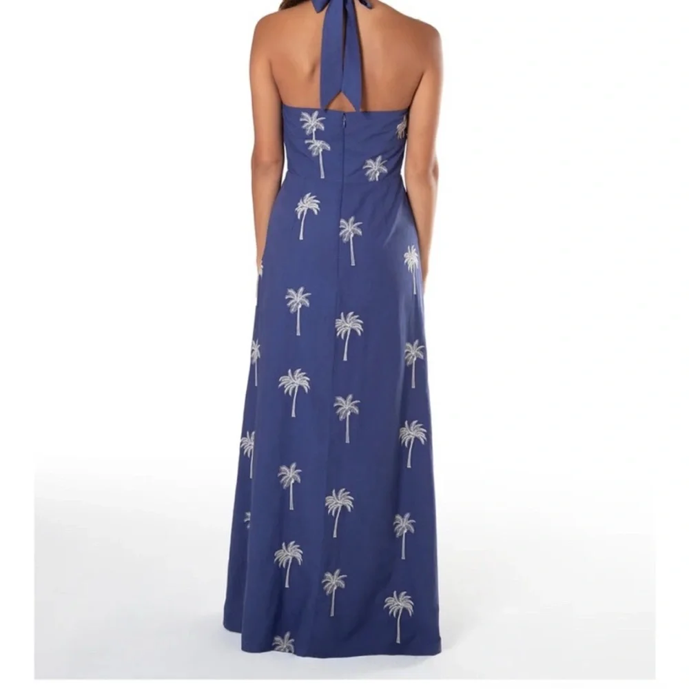 Tori Richard It's a Date River Dress Navy Palm Tree Embroidery Halter Maxi Dress - Picture 2 of 10